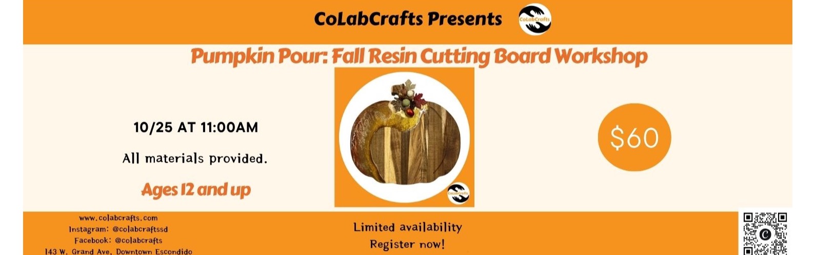 Flyer for Pumpkin Pour: Fall Resin Cutting Board Workshop