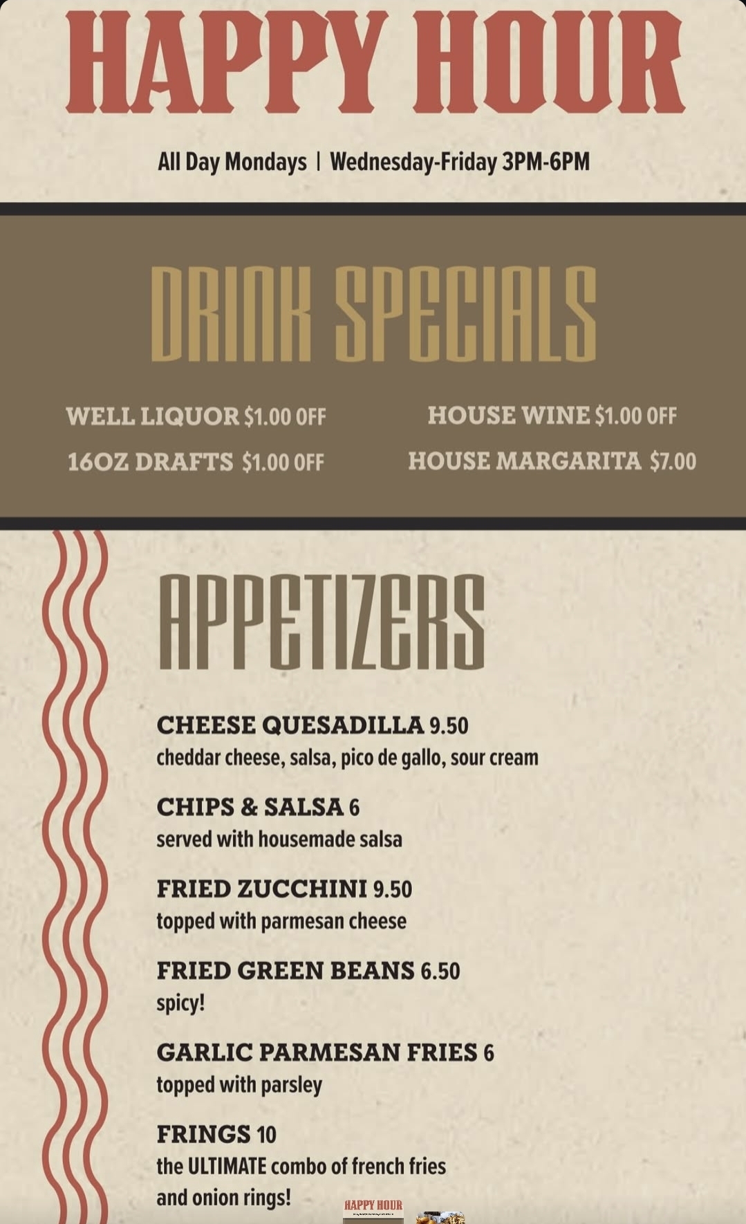 Flyer for Monday All-Day Happy Hour