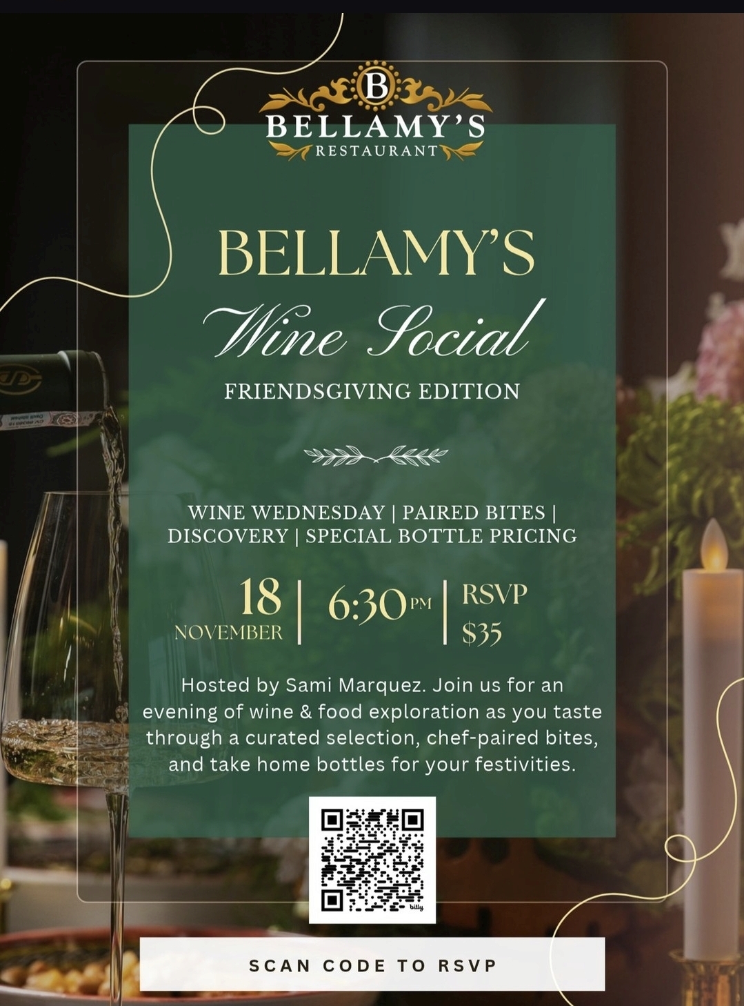 Flyer for Bellamy's Wine Social: Friendsgiving Edition